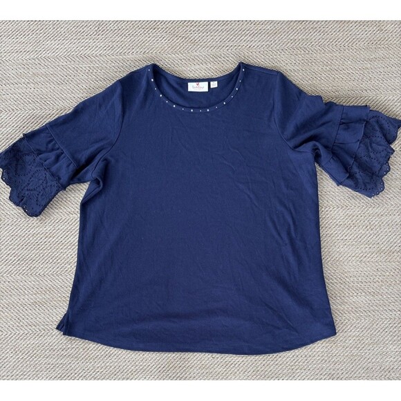 Quacker Factory Size XL Blue Double Ruffle Lace Sleeve Shirt - Picture 1 of 4